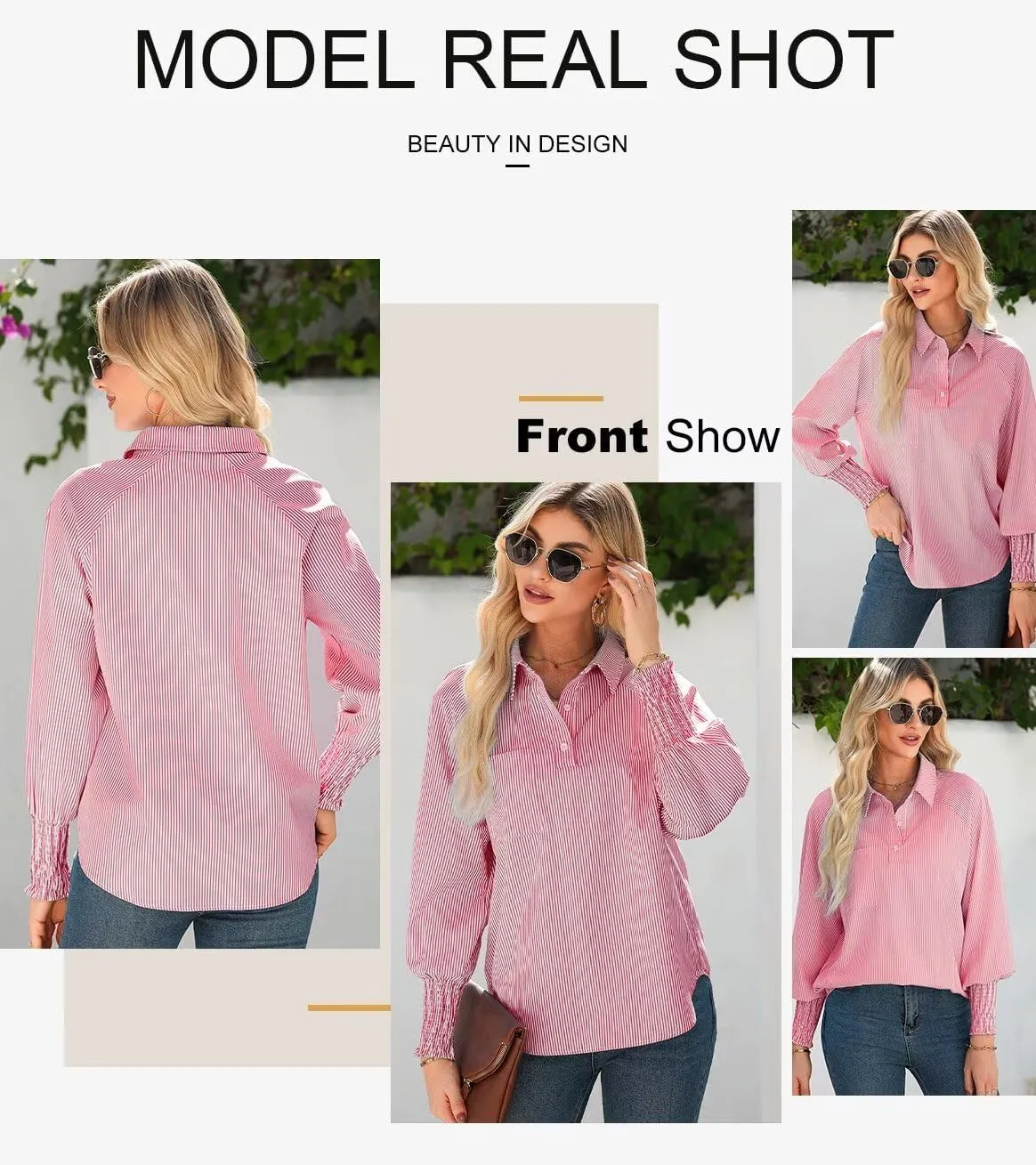 Astylish Women 2025 Fine Striped Smocked Cuffed Henley Shirts Long Sleeve Collared Blouse Tops with Pocket