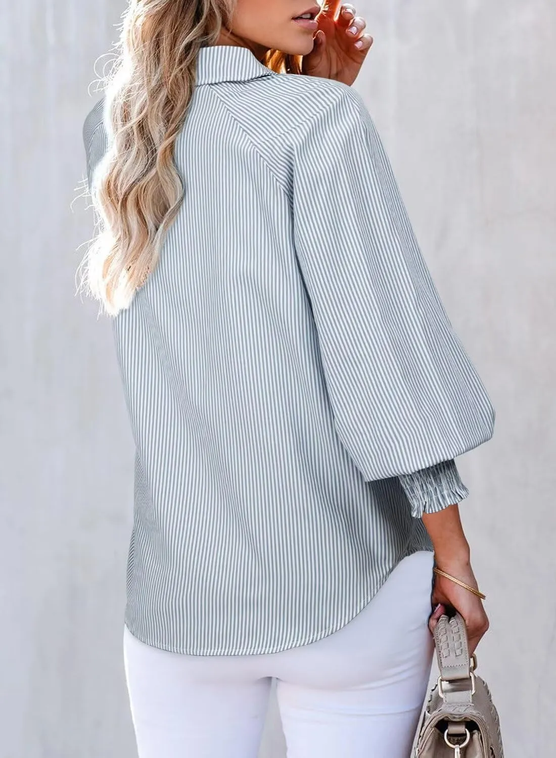 Astylish Women 2025 Fine Striped Smocked Cuffed Henley Shirts Long Sleeve Collared Blouse Tops with Pocket