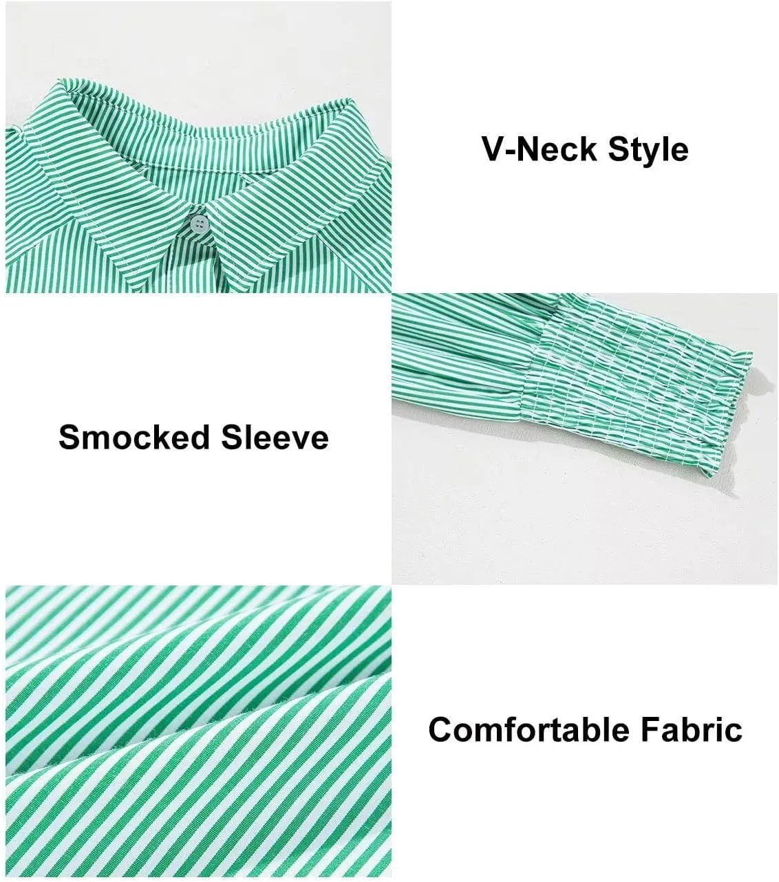 Astylish Women 2025 Fine Striped Smocked Cuffed Henley Shirts Long Sleeve Collared Blouse Tops with Pocket