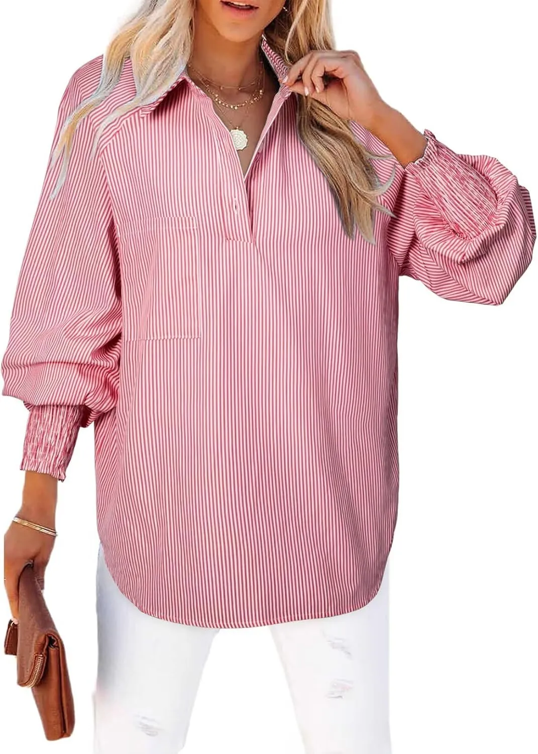 Astylish Women 2025 Fine Striped Smocked Cuffed Henley Shirts Long Sleeve Collared Blouse Tops with Pocket
