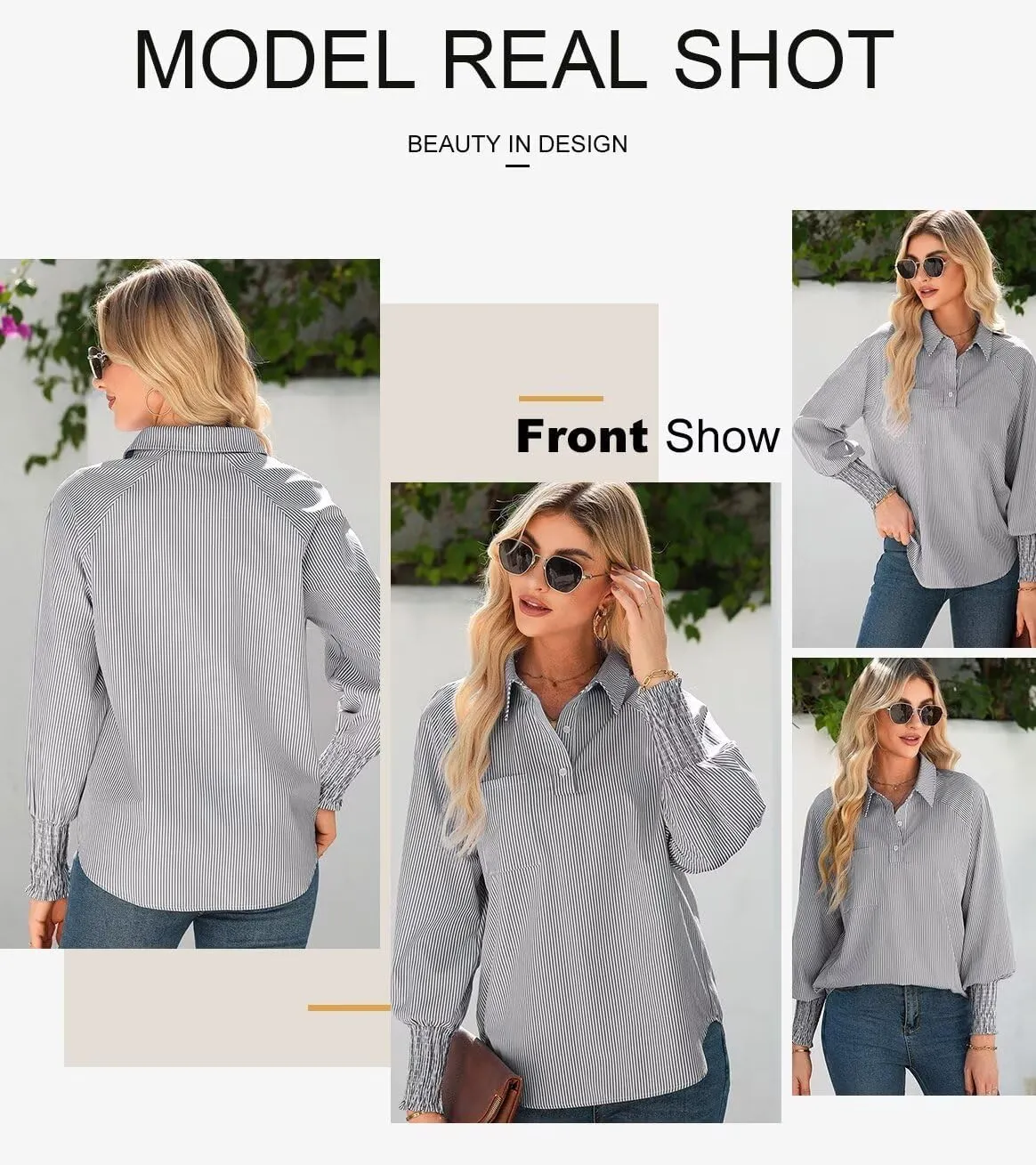 Astylish Women 2025 Fine Striped Smocked Cuffed Henley Shirts Long Sleeve Collared Blouse Tops with Pocket