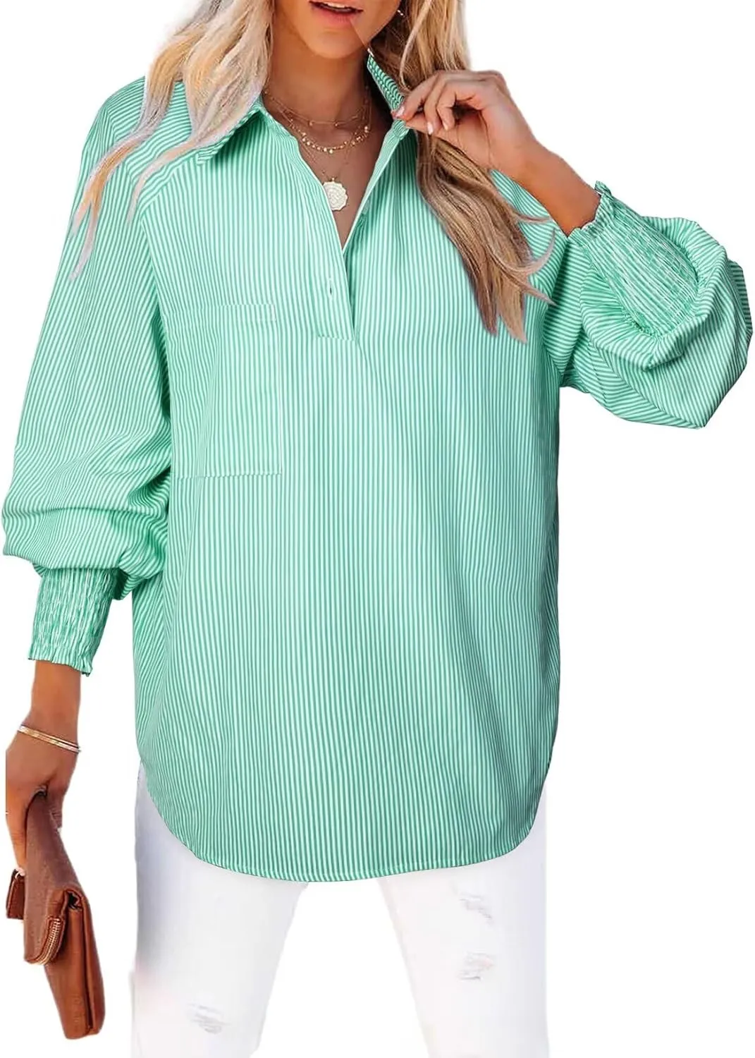 Astylish Women 2025 Fine Striped Smocked Cuffed Henley Shirts Long Sleeve Collared Blouse Tops with Pocket