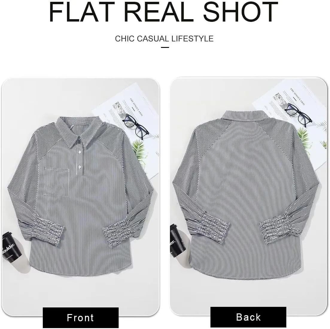 Astylish Women 2025 Fine Striped Smocked Cuffed Henley Shirts Long Sleeve Collared Blouse Tops with Pocket