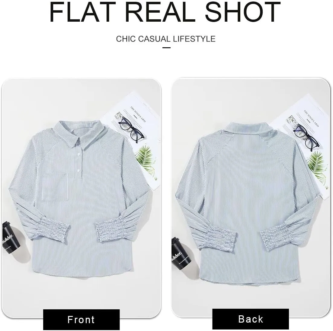 Astylish Women 2025 Fine Striped Smocked Cuffed Henley Shirts Long Sleeve Collared Blouse Tops with Pocket