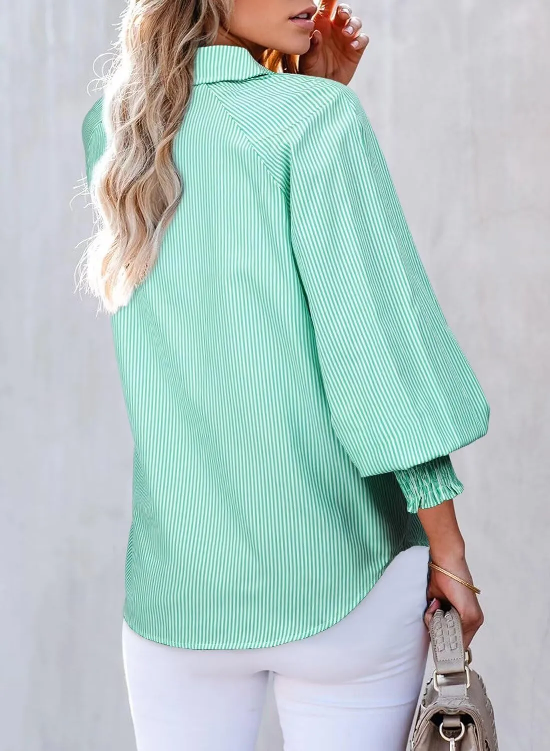 Astylish Women 2025 Fine Striped Smocked Cuffed Henley Shirts Long Sleeve Collared Blouse Tops with Pocket
