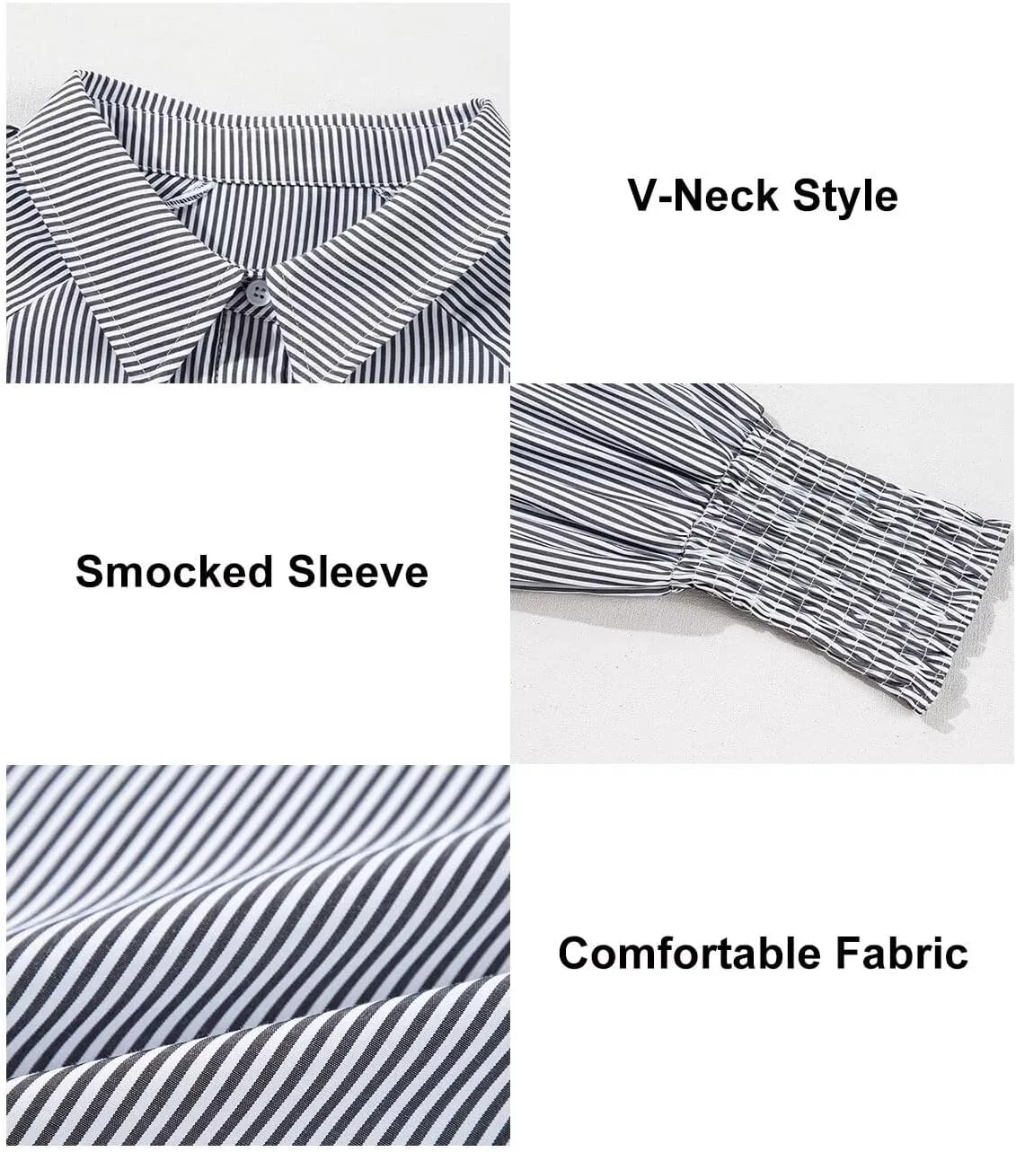 Astylish Women 2025 Fine Striped Smocked Cuffed Henley Shirts Long Sleeve Collared Blouse Tops with Pocket