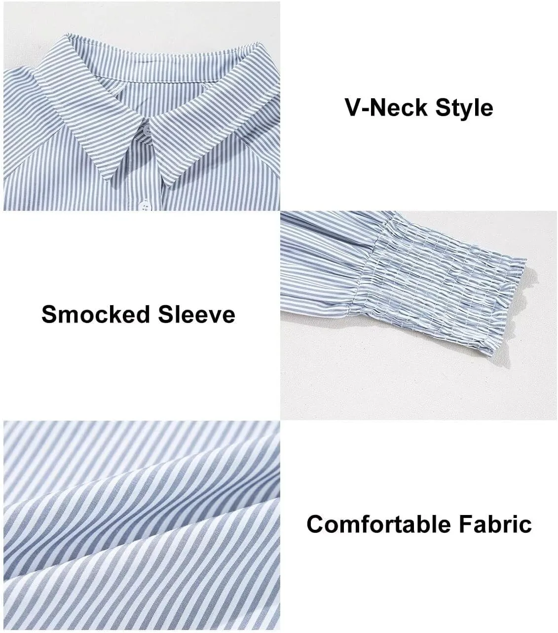 Astylish Women 2025 Fine Striped Smocked Cuffed Henley Shirts Long Sleeve Collared Blouse Tops with Pocket