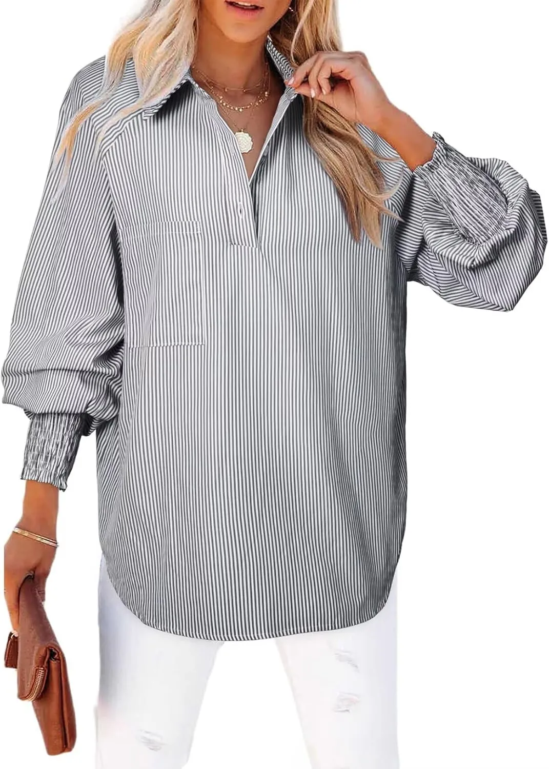 Astylish Women 2025 Fine Striped Smocked Cuffed Henley Shirts Long Sleeve Collared Blouse Tops with Pocket
