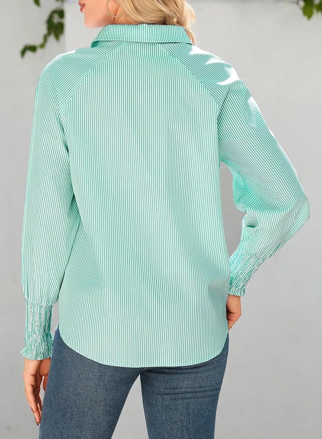 Astylish Women 2025 Fine Striped Smocked Cuffed Henley Shirts Long Sleeve Collared Blouse Tops with Pocket