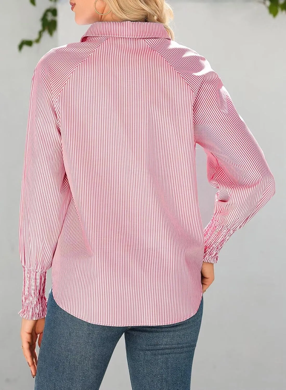 Astylish Women 2025 Fine Striped Smocked Cuffed Henley Shirts Long Sleeve Collared Blouse Tops with Pocket