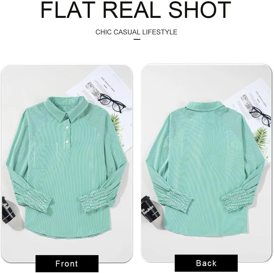 Astylish Women 2025 Fine Striped Smocked Cuffed Henley Shirts Long Sleeve Collared Blouse Tops with Pocket