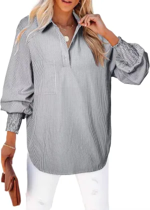 Astylish Women 2025 Fine Striped Smocked Cuffed Henley Shirts Long Sleeve Collared Blouse Tops with Pocket
