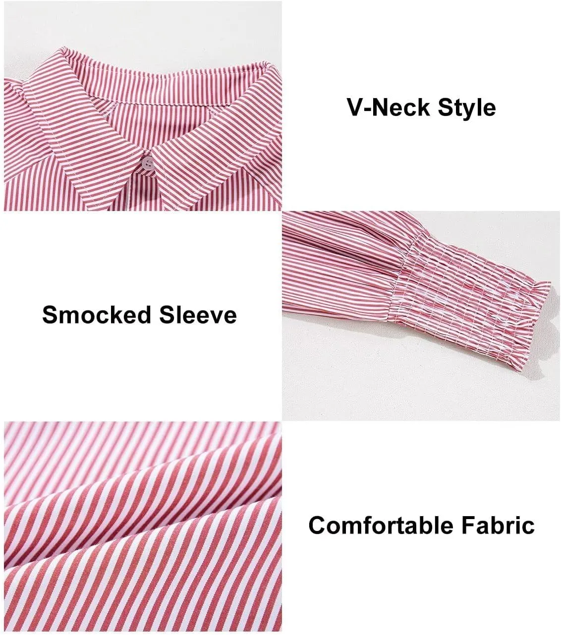 Astylish Women 2025 Fine Striped Smocked Cuffed Henley Shirts Long Sleeve Collared Blouse Tops with Pocket