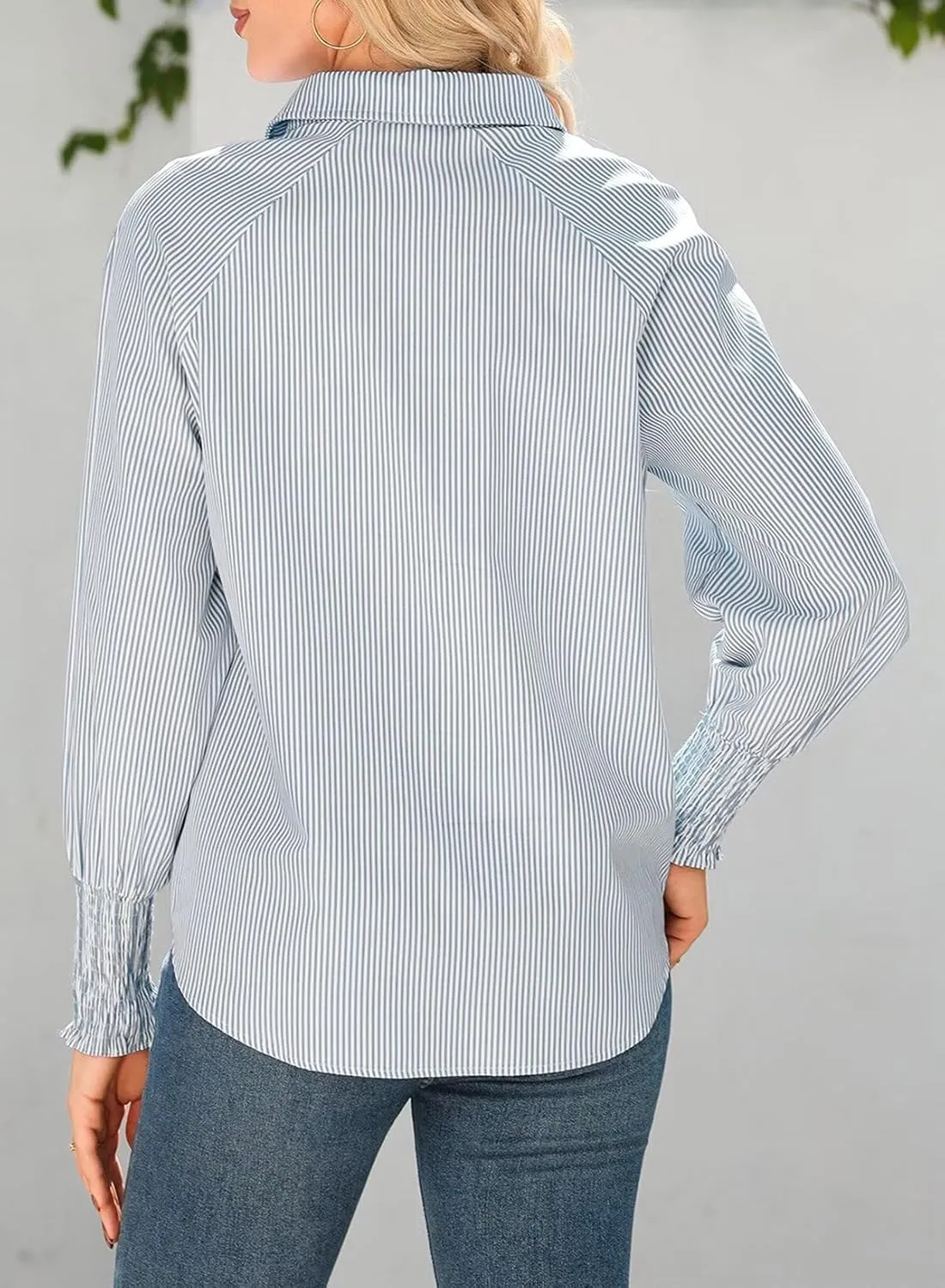 Astylish Women 2025 Fine Striped Smocked Cuffed Henley Shirts Long Sleeve Collared Blouse Tops with Pocket