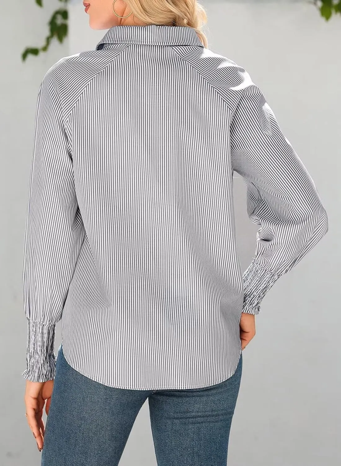 Astylish Women 2025 Fine Striped Smocked Cuffed Henley Shirts Long Sleeve Collared Blouse Tops with Pocket