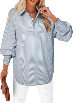 Astylish Women 2025 Fine Striped Smocked Cuffed Henley Shirts Long Sleeve Collared Blouse Tops with Pocket