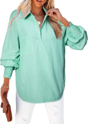 Astylish Women 2025 Fine Striped Smocked Cuffed Henley Shirts Long Sleeve Collared Blouse Tops with Pocket