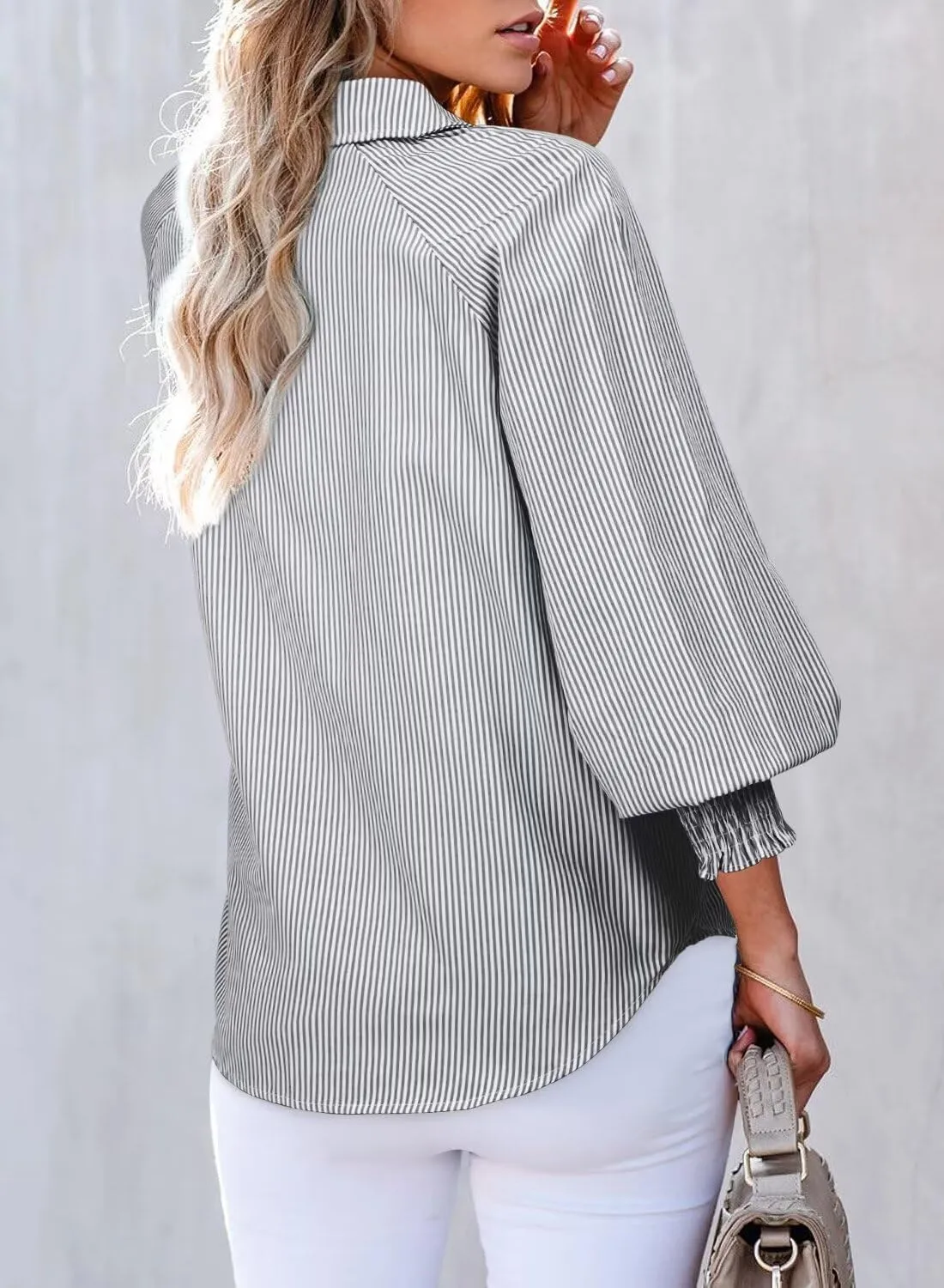 Astylish Women 2025 Fine Striped Smocked Cuffed Henley Shirts Long Sleeve Collared Blouse Tops with Pocket
