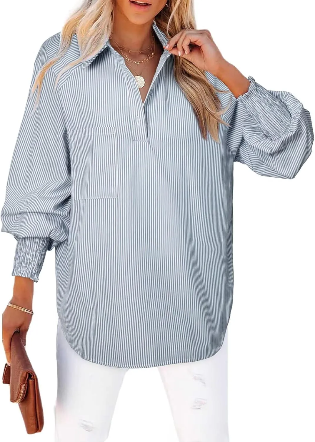 Astylish Women 2025 Fine Striped Smocked Cuffed Henley Shirts Long Sleeve Collared Blouse Tops with Pocket