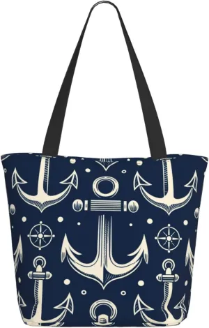 Augenstern Women Shoulder Bag Nautical-Maritime-Navy Foldable Tote Bag With Zipper Closure Casual Shopping Purse Daily Bag