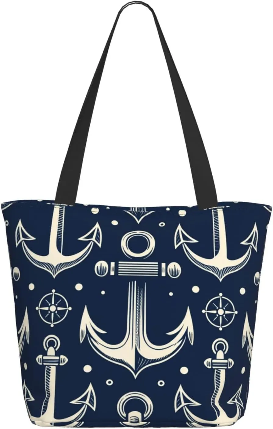 Augenstern Women Shoulder Bag Nautical-Maritime-Navy Foldable Tote Bag With Zipper Closure Casual Shopping Purse Daily Bag