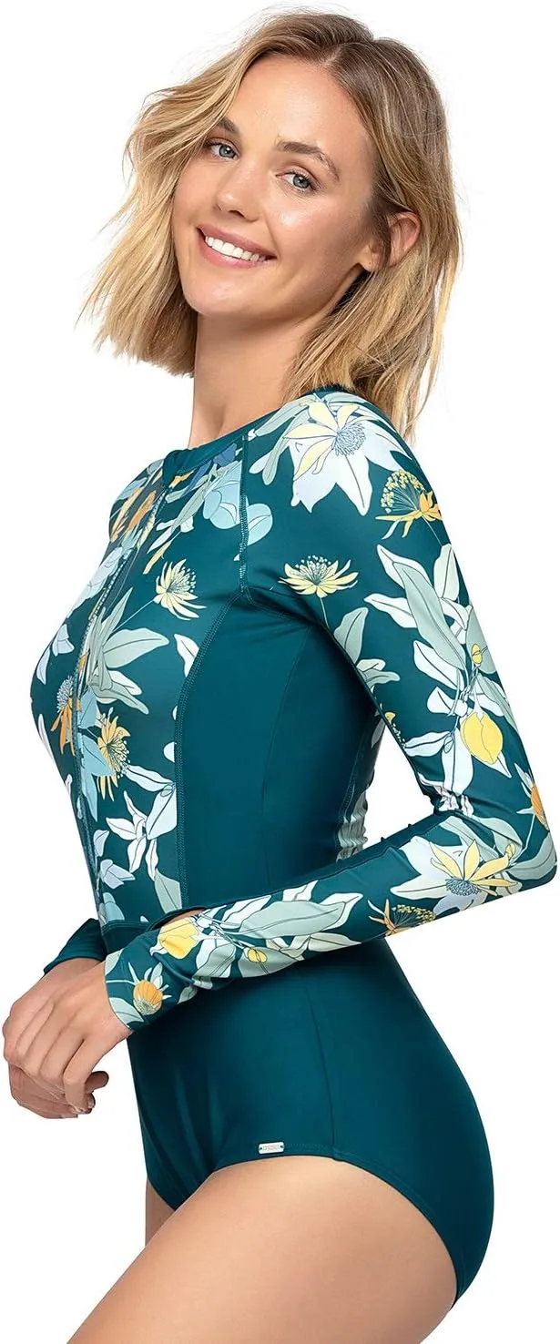 AXESEA Womens Rash Guard Long Sleeve One Piece Swimsuit UV UPF 50  Sun Protection Zipper Printed Patchwork Bathing Suit