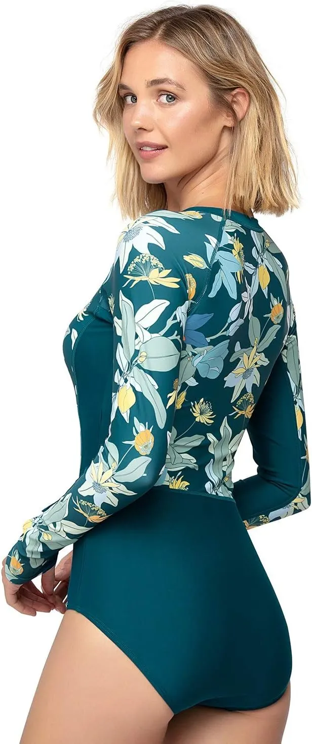 AXESEA Womens Rash Guard Long Sleeve One Piece Swimsuit UV UPF 50  Sun Protection Zipper Printed Patchwork Bathing Suit