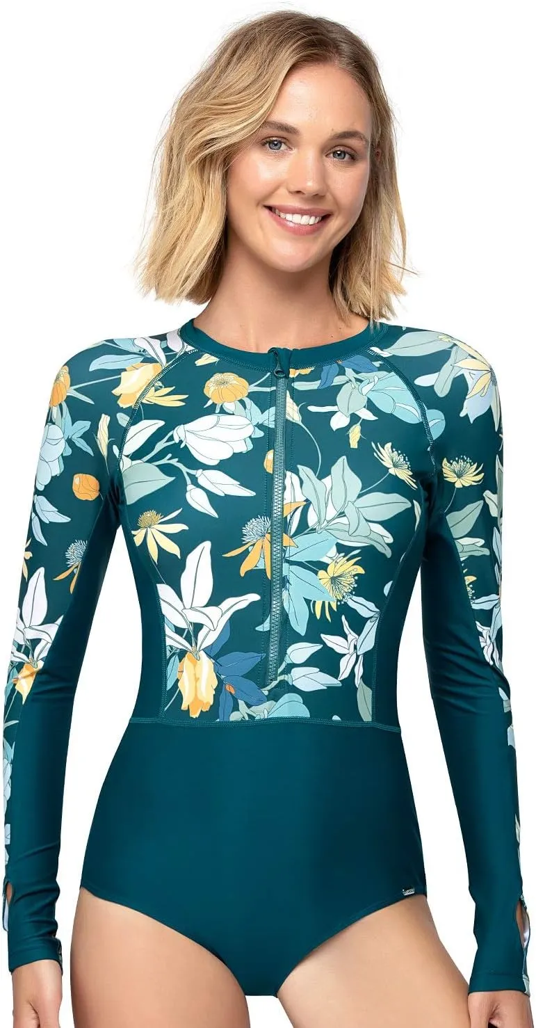 AXESEA Womens Rash Guard Long Sleeve One Piece Swimsuit UV UPF 50  Sun Protection Zipper Printed Patchwork Bathing Suit