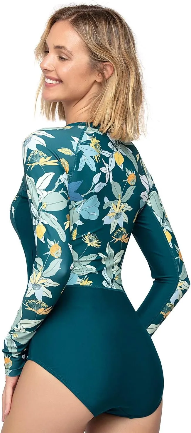AXESEA Womens Rash Guard Long Sleeve One Piece Swimsuit UV UPF 50  Sun Protection Zipper Printed Patchwork Bathing Suit