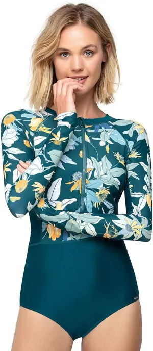 AXESEA Womens Rash Guard Long Sleeve One Piece Swimsuit UV UPF 50  Sun Protection Zipper Printed Patchwork Bathing Suit