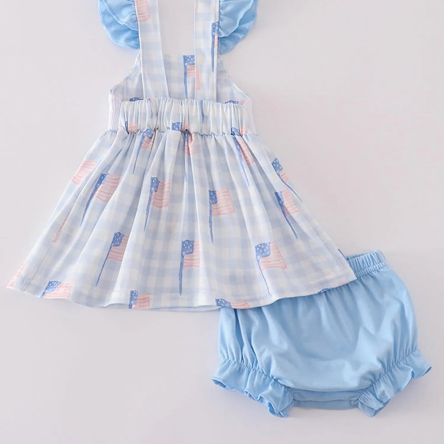 Baby Girl 4th of July Outfit – Flag Embroidered Smocked Top and Blue Bloomers with Flutter Sleeves