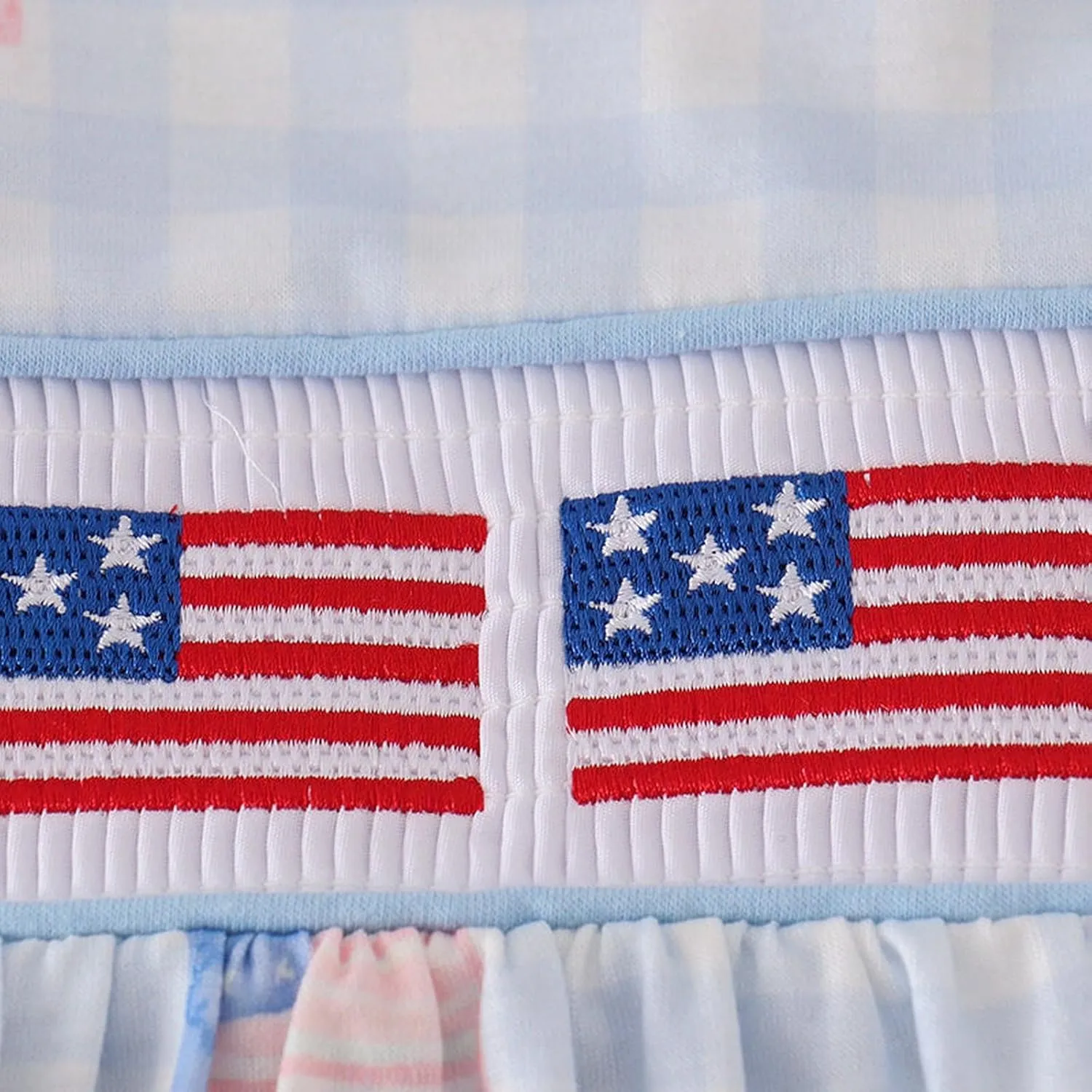 Baby Girl 4th of July Outfit – Flag Embroidered Smocked Top and Blue Bloomers with Flutter Sleeves