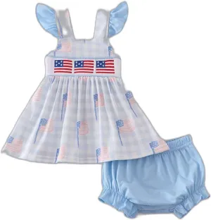 Baby Girl 4th of July Outfit – Flag Embroidered Smocked Top and Blue Bloomers with Flutter Sleeves