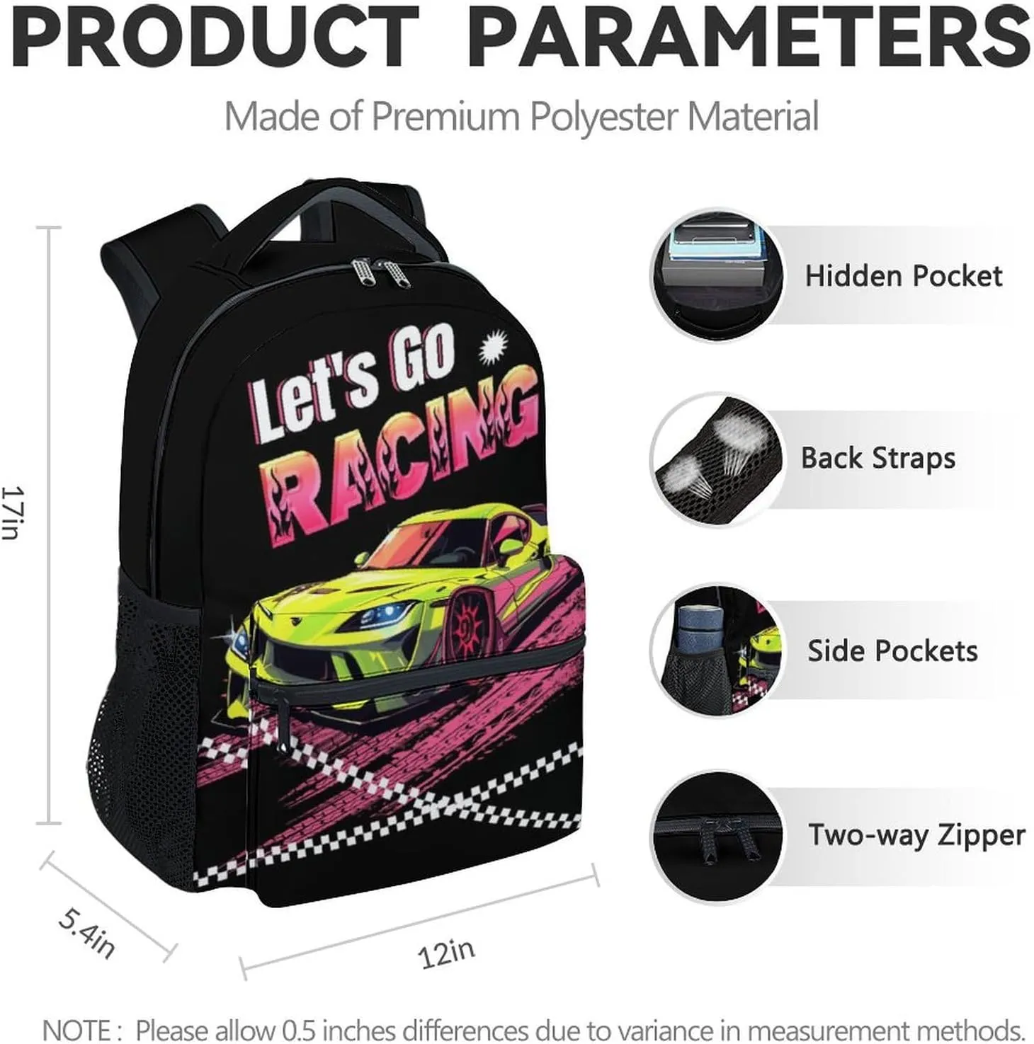 Backpack for Boys, 17 Inch Cool Car Backpacks for Girls, Black Portable Bookbag for Middle High School