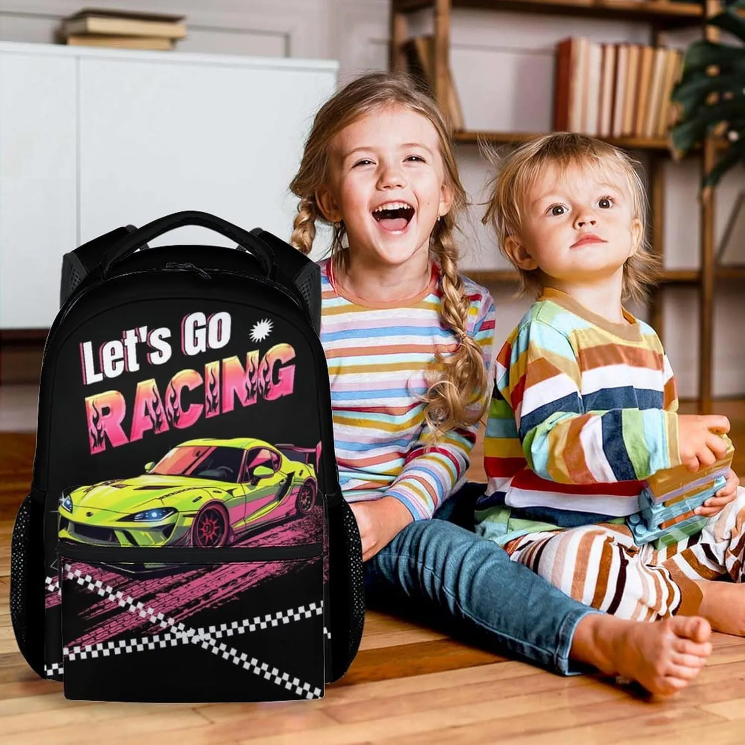 Backpack for Boys, 17 Inch Cool Car Backpacks for Girls, Black Portable Bookbag for Middle High School