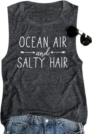 BANGELY Beach Tanks Women Beach Shirts Ocean Air and Salty Hair Tank Funny Cruise Summer Sleeveless Family Vacation Vest Top