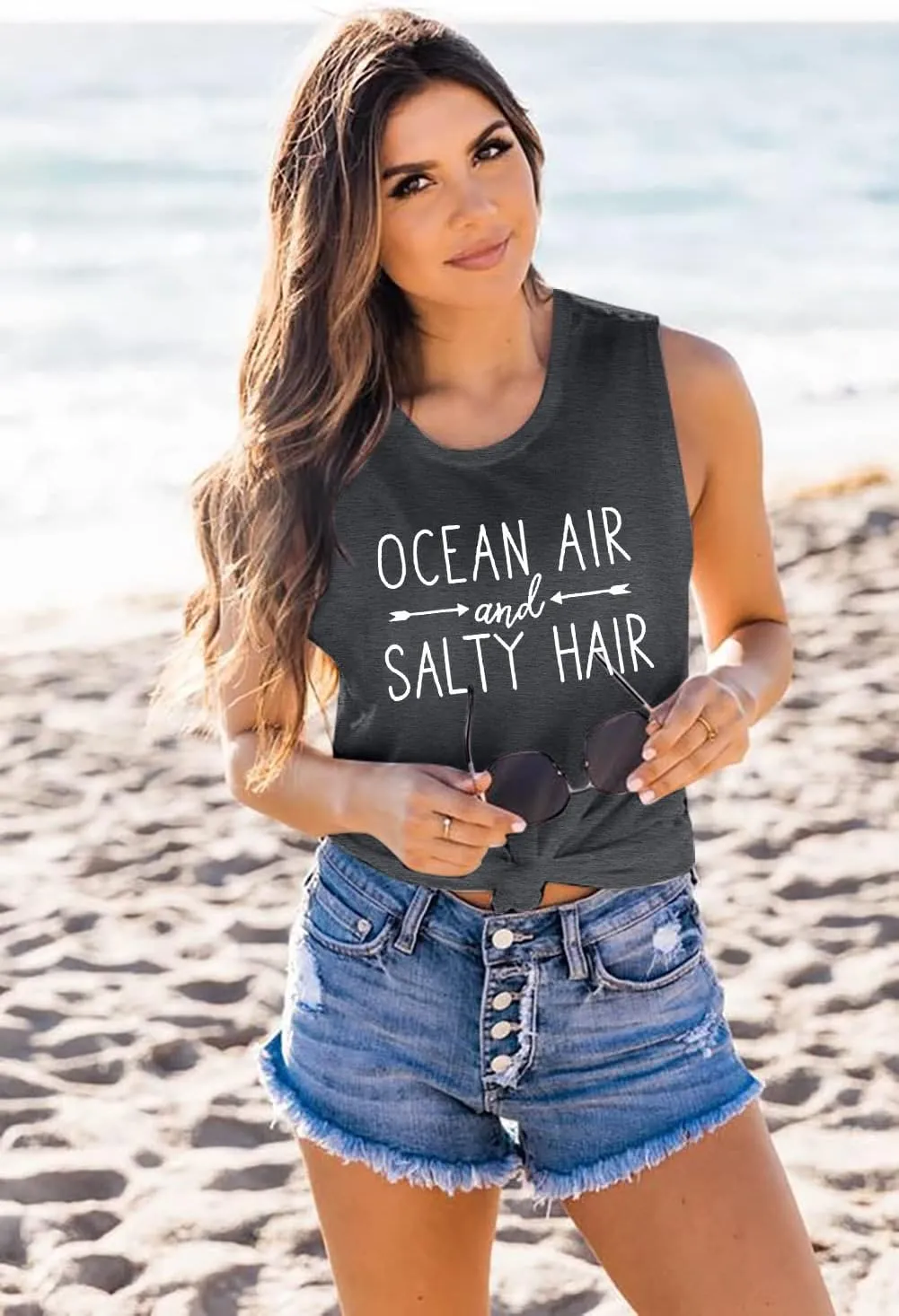 BANGELY Beach Tanks Women Beach Shirts Ocean Air and Salty Hair Tank Funny Cruise Summer Sleeveless Family Vacation Vest Top