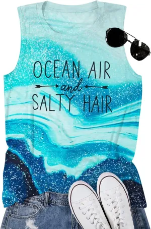 BANGELY Beach Tanks Women Beach Shirts Ocean Air and Salty Hair Tank Funny Cruise Summer Sleeveless Family Vacation Vest Top