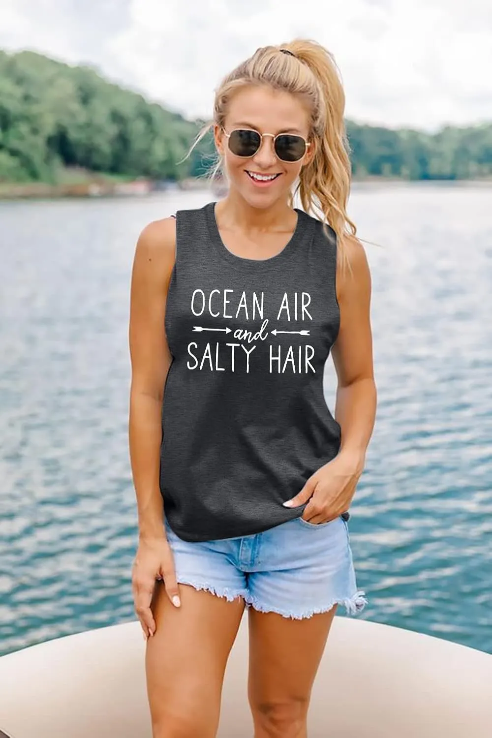 BANGELY Beach Tanks Women Beach Shirts Ocean Air and Salty Hair Tank Funny Cruise Summer Sleeveless Family Vacation Vest Top