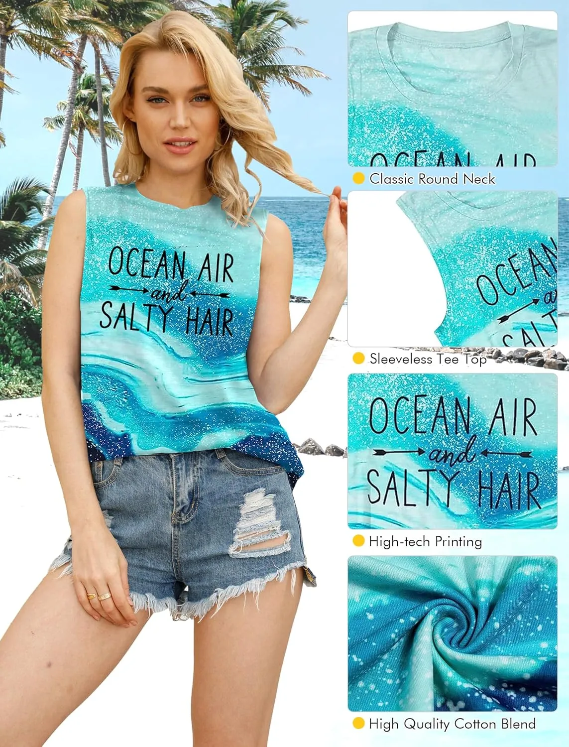 BANGELY Beach Tanks Women Beach Shirts Ocean Air and Salty Hair Tank Funny Cruise Summer Sleeveless Family Vacation Vest Top