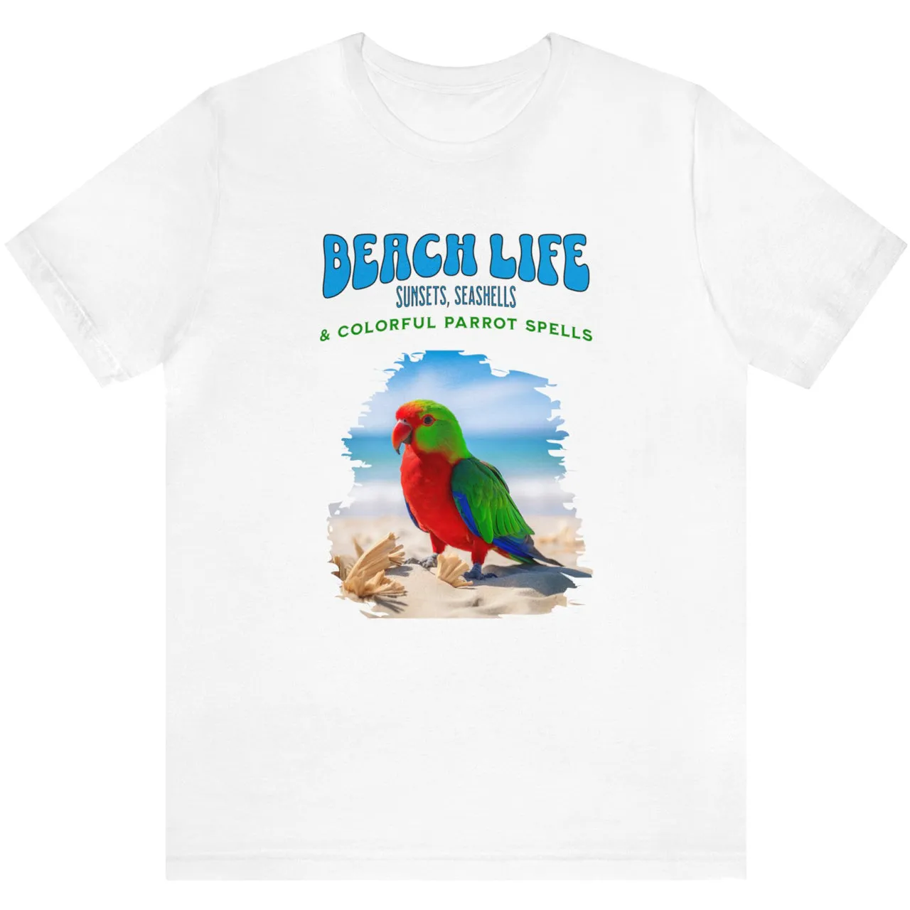 Beach Life, Sunset, Seashells, And Colorful Parrot Spells