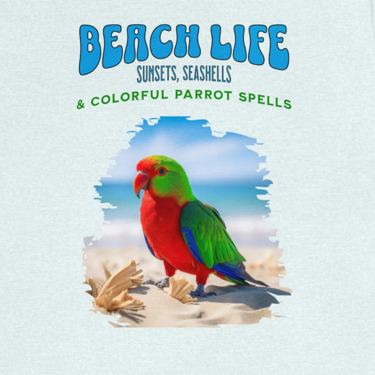 Beach Life, Sunset, Seashells, And Colorful Parrot Spells