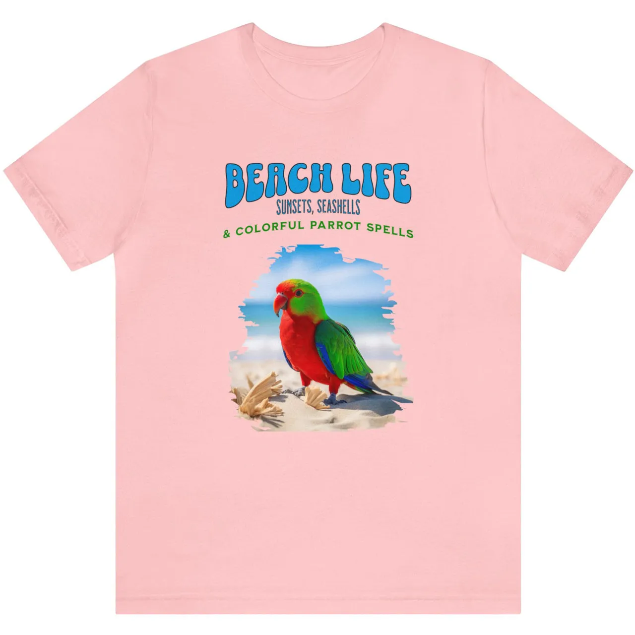 Beach Life, Sunset, Seashells, And Colorful Parrot Spells