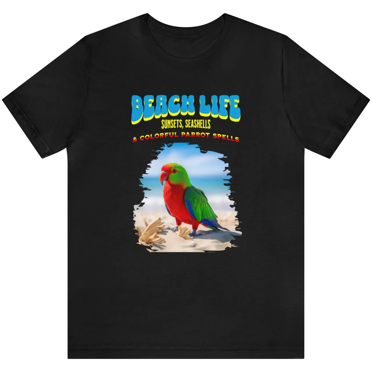 Beach Life, Sunset, Seashells, And Colorful Parrot Spells