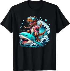 Beach Lover T-Rex Dinosaur Riding Shark Surfing Ocean Wave T-Shirt