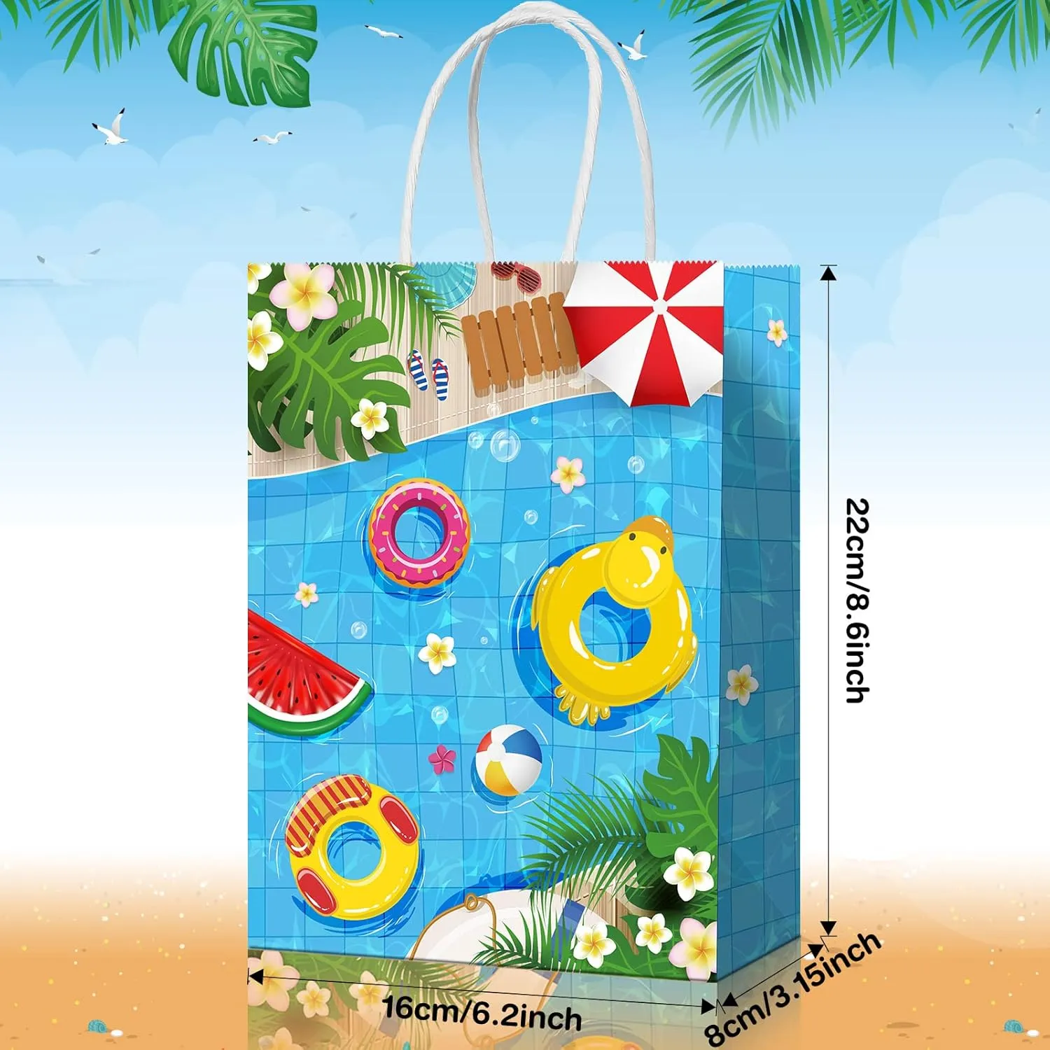 Beach Party Paper Bags, Summer Pool Goodie Candy Gift Treat Bags for Luau Tropical Beach Party Favors Supplies