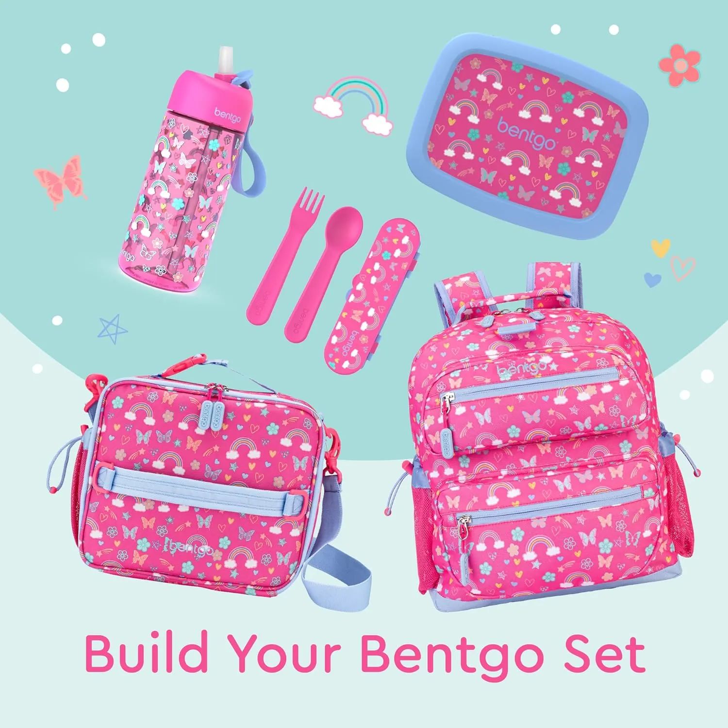 Bentgo Kids Lunch Bag - Durable, Double-Insulated Lunch Bag for Kids 3 ; Holds Lunch Box, Water Bottle, & Snacks; Easy-Clean Water-Resistant Fabric & Multiple Zip Pockets (Rainbows & Butterflies)