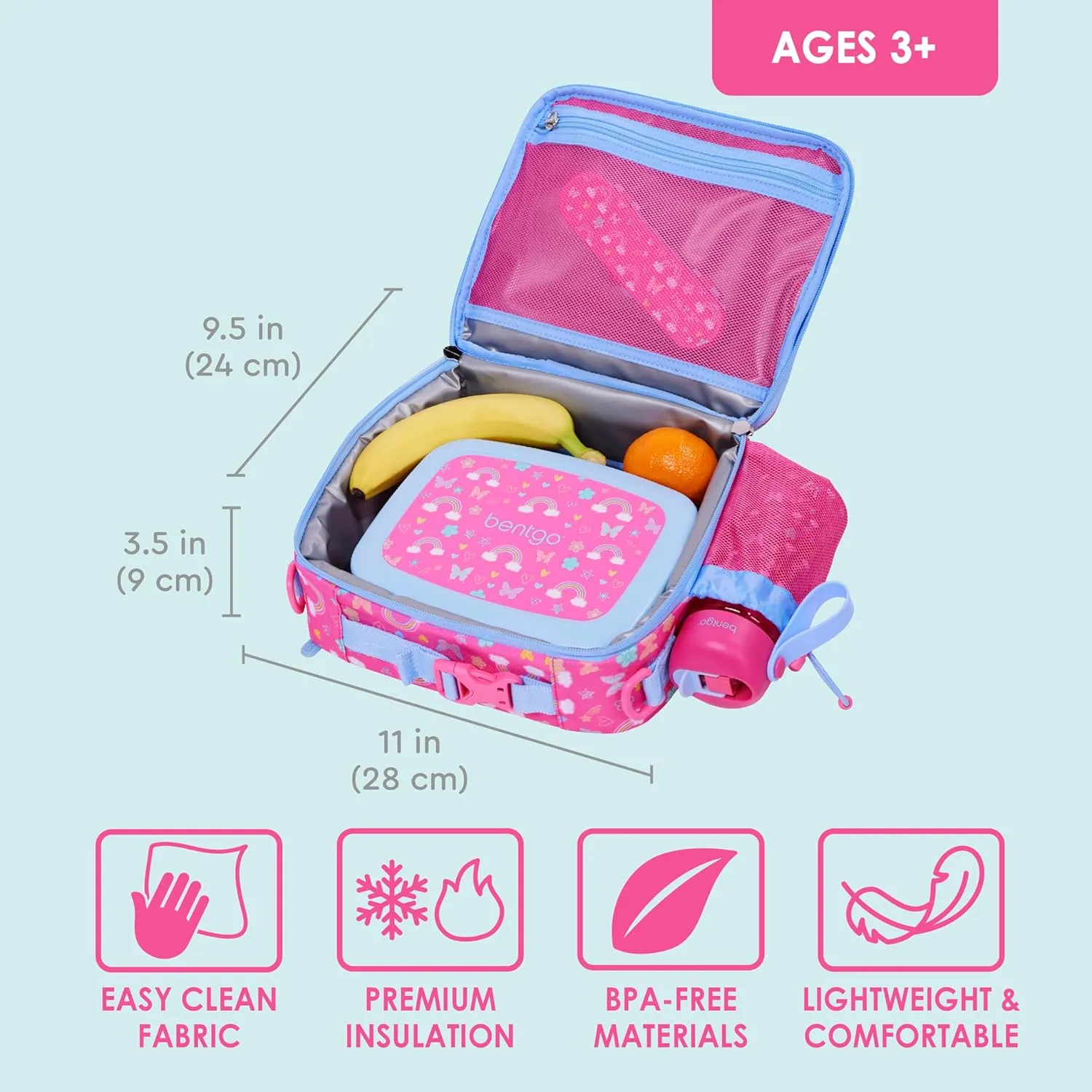 Bentgo Kids Lunch Bag - Durable, Double-Insulated Lunch Bag for Kids 3 ; Holds Lunch Box, Water Bottle, & Snacks; Easy-Clean Water-Resistant Fabric & Multiple Zip Pockets (Rainbows & Butterflies)