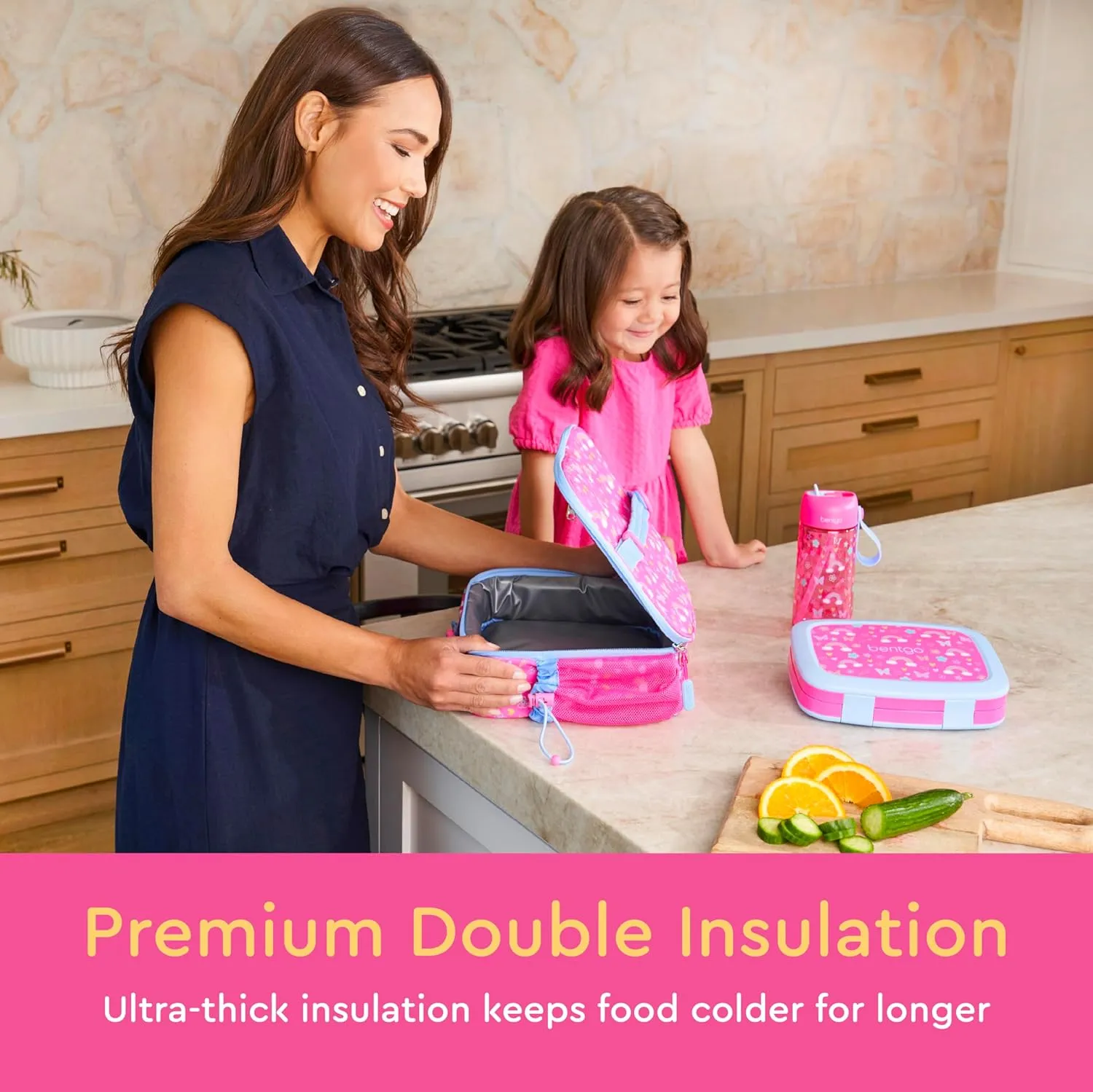 Bentgo Kids Lunch Bag - Durable, Double-Insulated Lunch Bag for Kids 3 ; Holds Lunch Box, Water Bottle, & Snacks; Easy-Clean Water-Resistant Fabric & Multiple Zip Pockets (Rainbows & Butterflies)