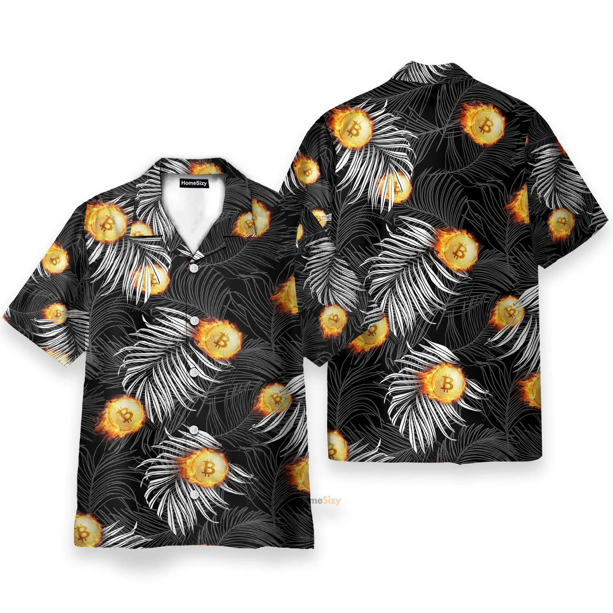 Bitcoin Flame And Tropical Pattern - Hawaiian Shirt & Beach Shorts